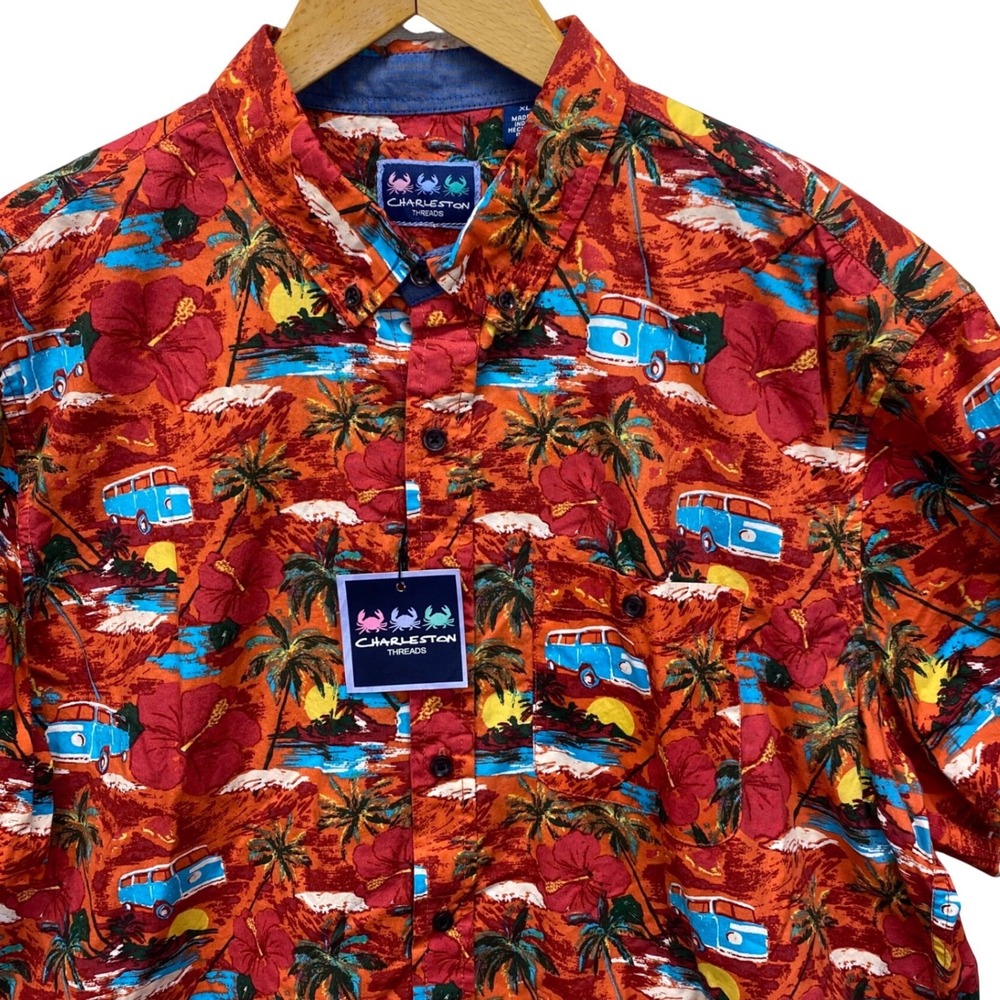 Charleston Threads Mens XL Orange Tropical Surf Van Cotton Button Down Shirt NEW